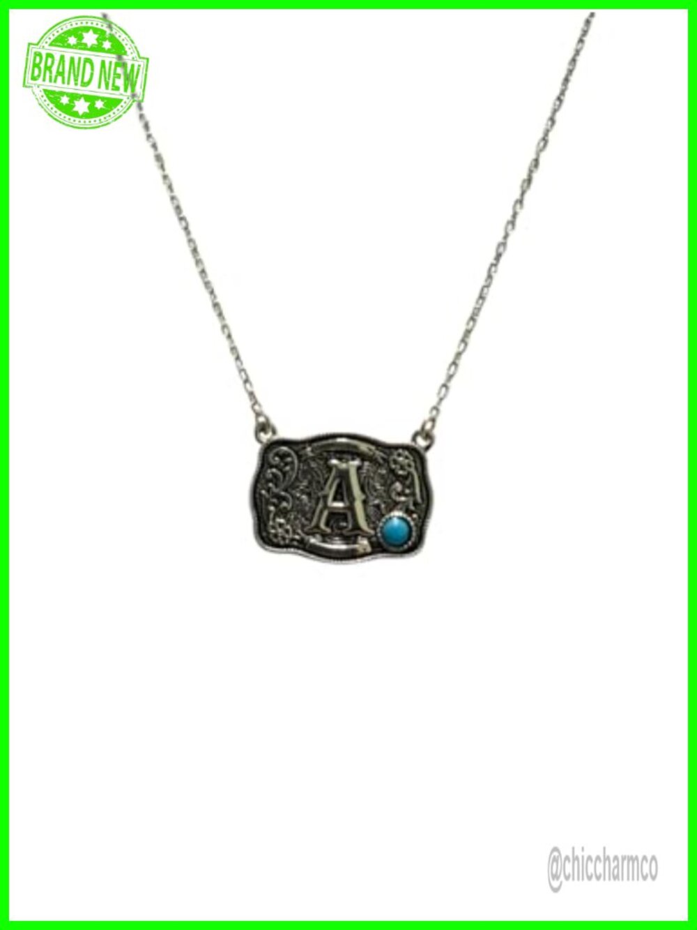 925 Sterling Silver Western Belt Buckle Initial Necklace Turquoise Pendant 19 In